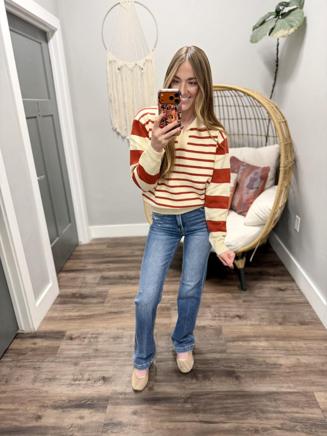 IVY OATMEAL AND RUST STRIPE V NECK SWEATER TOP