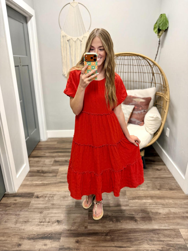THE SERENA HERITAGE RED MIDI DRESS