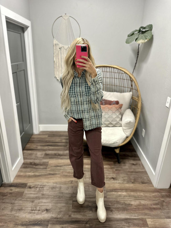 SKYLEE TEAL BLUE BUTTON UP PLAID BUTTON UP TOP