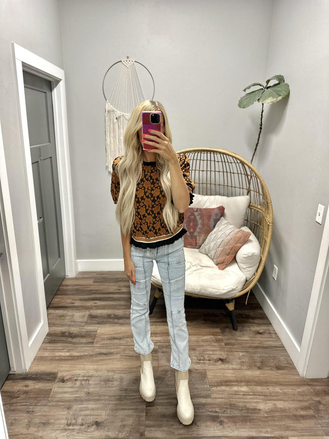 HENLEY CAMEL ROSE TEXTURE PUFF SLEEVE BLOUSE