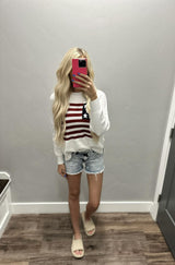 WHITE CABLE KNIT AMERICAN FLAG SWEATER TOP