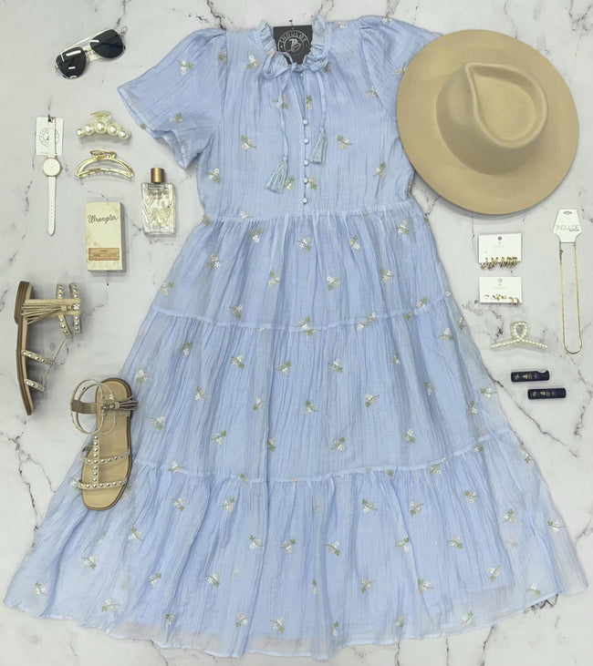 TANDY BLUE EMBROIDERED FLORAL MIDI DRESS