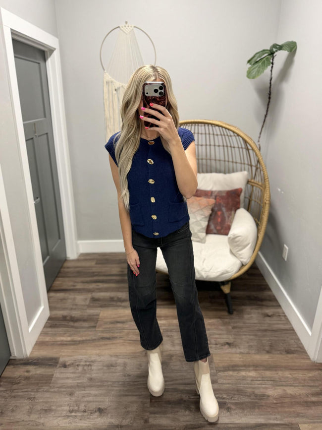 BETH NAVY GOLD BUTTON KNIT SWEATER TANK