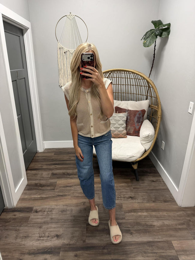 HAVEN TAUPE STITCH DETAIL KNIT BUTTON SWEATER TOP