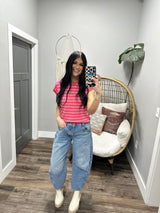 DANICA HOT PINK STRIPE SHORT SLEEVE SWEATER TOP