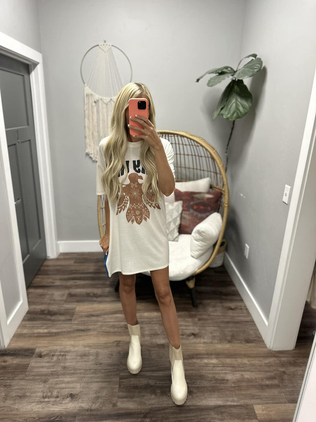 STAY WILD CREAM AND DENIM BLUE BACK TEE DRESS