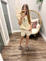 VANESSA CAMEL AND CREAM PLAID RUFFLE BOTTOM SHORTS