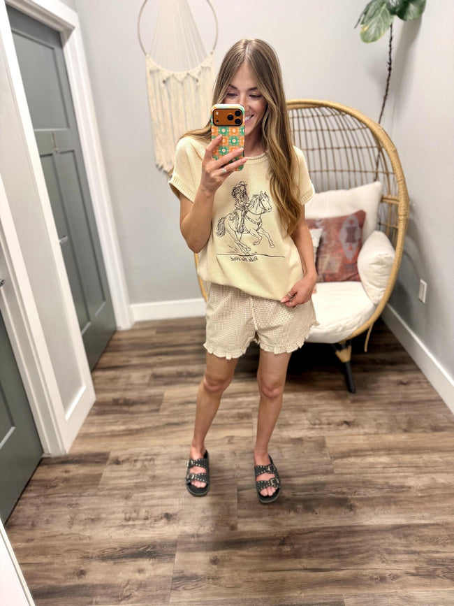 VANESSA CAMEL AND CREAM PLAID RUFFLE BOTTOM SHORTS