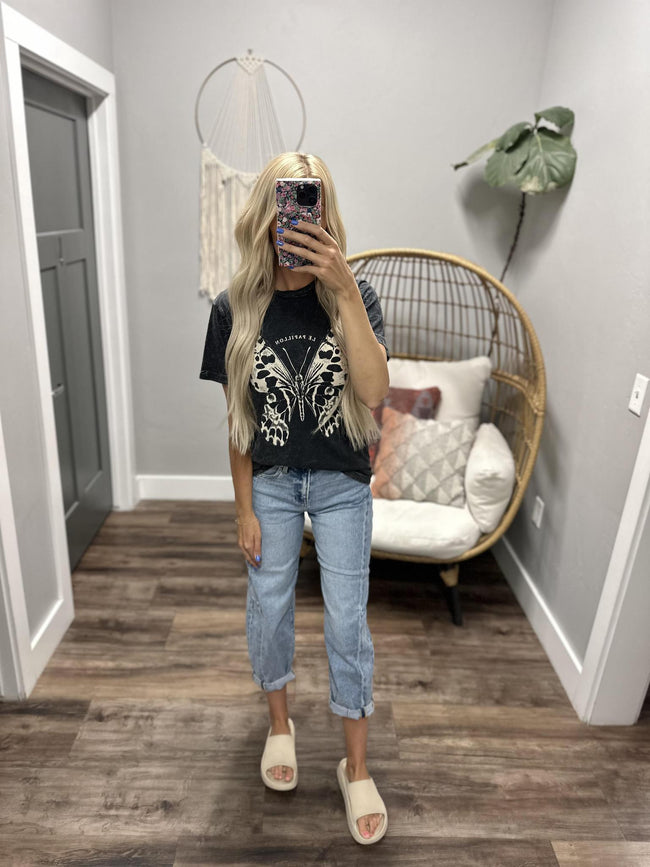 BLACK WASHED BUTTERFLY TEE