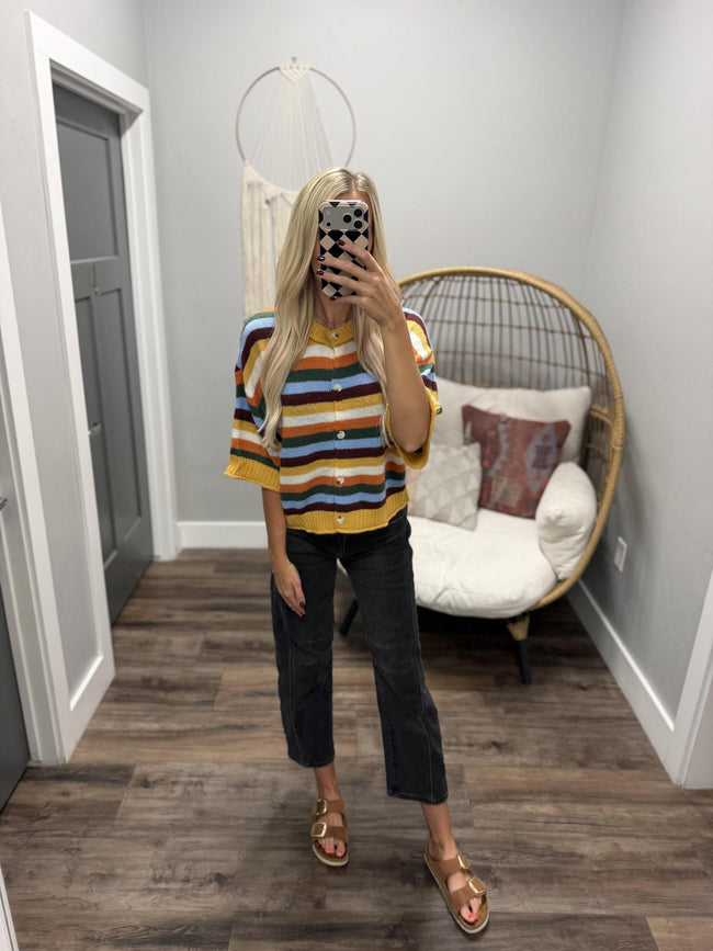QUIET WEEKEND MUSTARD MULTI STRIPE CARDIGAN TOP