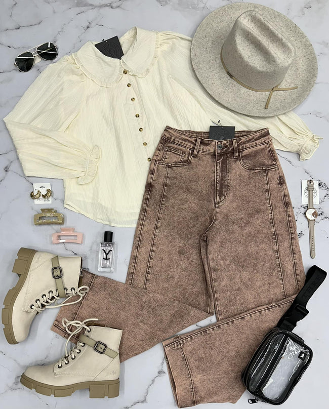TALIA CREAM LONG SLEEVE BUTTON UP COLOR BLOUSE