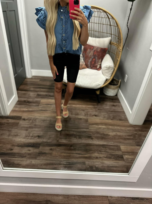 RUFFLE YOUR FEATHERS BUTTON UP DENIM TOP