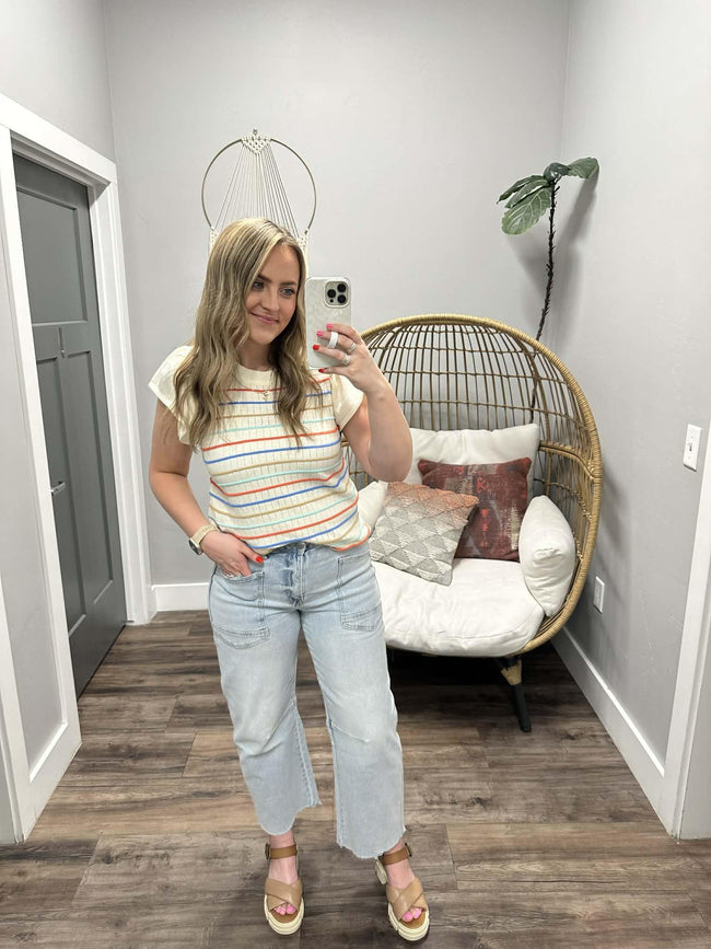 CAMI CREAM MULTI STRIPE FLUTTER SLEEVE SWEATER TOP