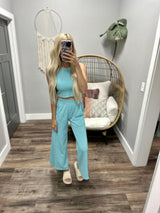 GISELE LAGUNA BLUE HALTER TANK TOP AND WIDE LEG PANTS SET