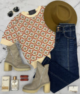 BRADY RUST AND BLUE FLORAL PATTERN SWEATER TOP