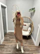 CINDY BROWN AND TAUPE STRIPE T SHIRT DRESS