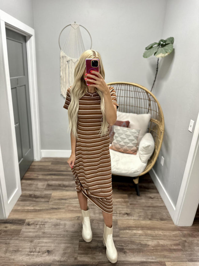 CINDY BROWN AND TAUPE STRIPE T SHIRT DRESS