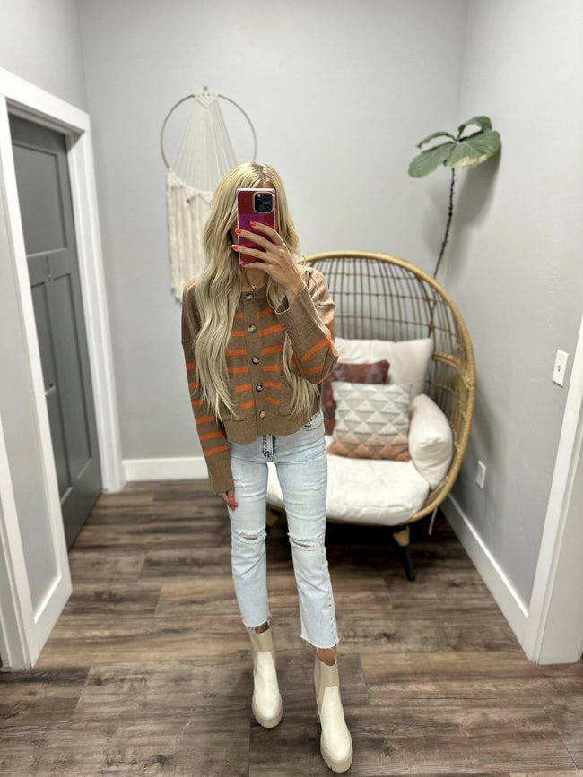 ELIZA RUST AND TAUPE STRIPE BUTTON UP CARDIGAN