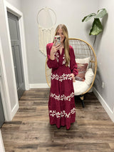 SHARRI WINE EMBROIDERED LONG SLEEVE DRESS