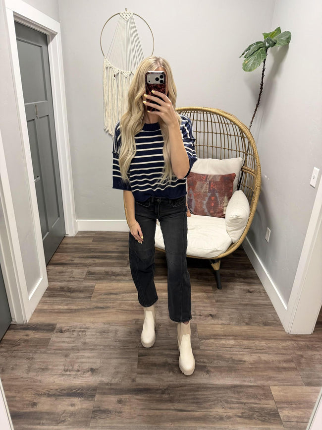 TONI NAVY STRIPE SHORT SLEEVE SWEATER TOP