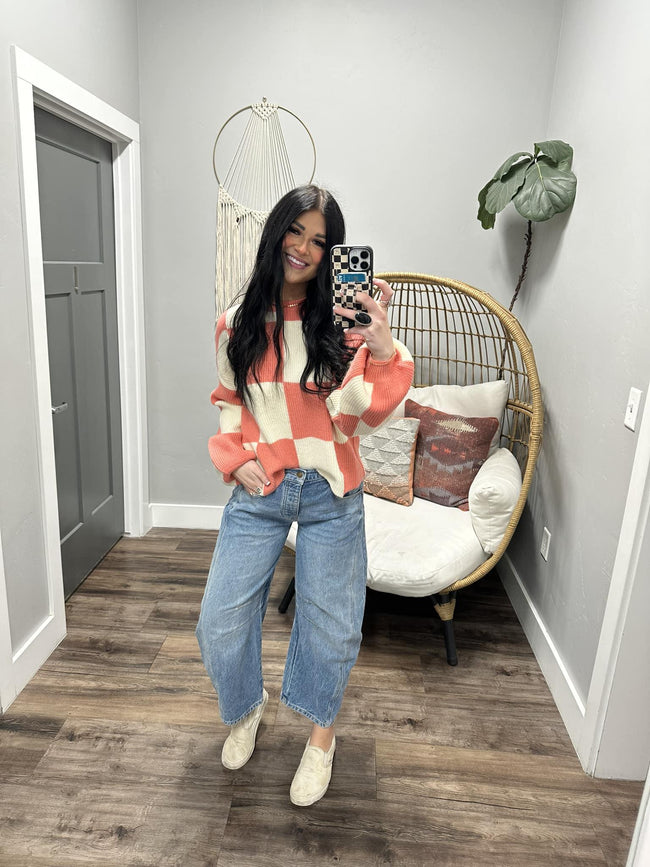 KYNDRA CORAL CHECKERED SWEATER TOP