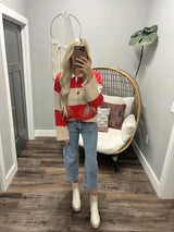 KENZIE RED AND CREAM STRIPE BUTTON UP SWEATER TOP