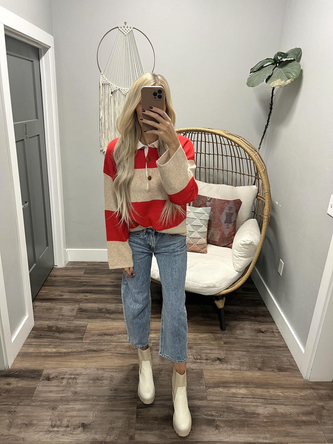KENZIE RED AND CREAM STRIPE BUTTON UP SWEATER TOP