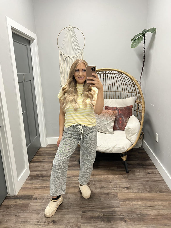 LIBBIE PALE YELLOW STRIPE MOCK NECK BLOUSE TOP