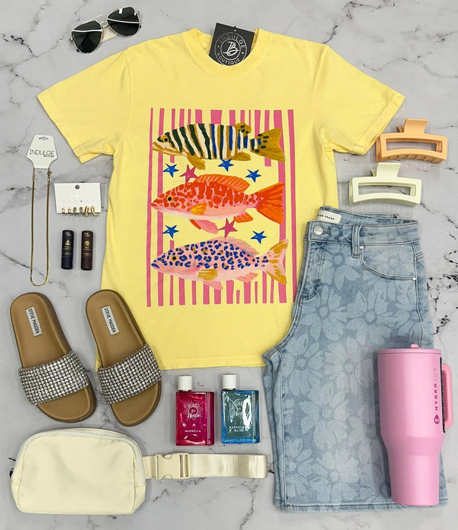 PALE YELLOW TRIO FISH GRAPHIC TEE