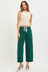 JANICE HIGH RISE HUNTER GREEN TIE WAIST BARREL JEANS