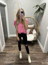 CYNTHIA FRILLED BUBBLEGUM SHORT SLEEVE BLOUSE
