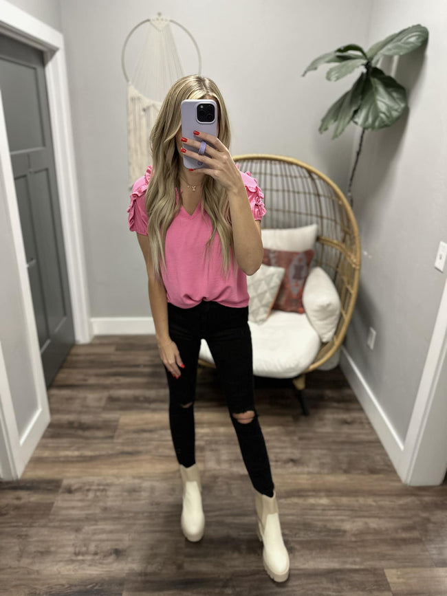 CYNTHIA FRILLED BUBBLEGUM SHORT SLEEVE BLOUSE