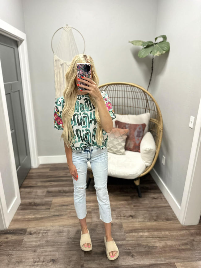 JANDIE KELLY GREEN EMBROIDERED SLEEVE BLOUSE