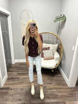 KARLI WINE SHORT SLEEVE BUTTON FRONT CARDIGAN TOP