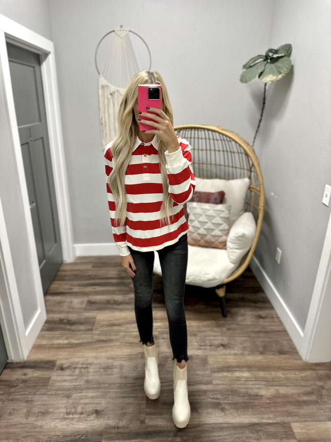 JENNIFER RED/CREAM STRIPE POLO TOP