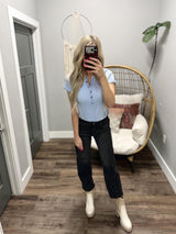 SKY BLUE BUTTON UP HENLEY TOP