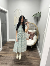 DELENE BLUE FLORAL EMBROIDERED BELTED MIDI DRESS