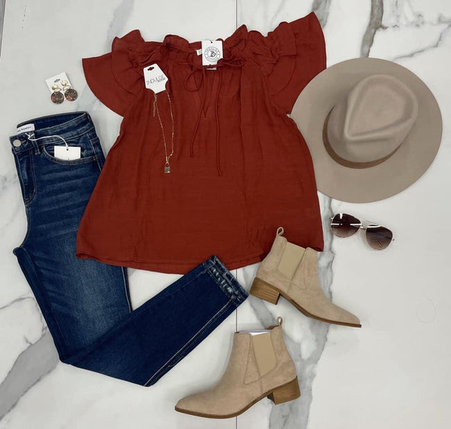 RUST LAYERED RUFFLE SLEEVE BLOUSE