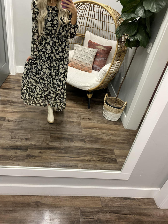 WILMA RUFFLED BLACK FLORAL MAXI DRESS