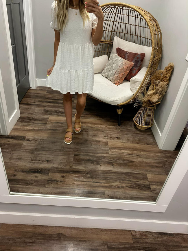 WHITE TEXTURED TIERED KNIT DRESS