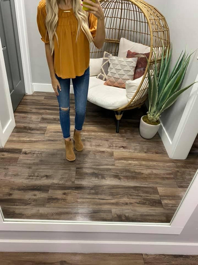 MUSTARD SMOCKED SHORT SLEEVE BLOUSE
