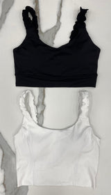 BLACK RIBBED RUFFLE STRAP TOP