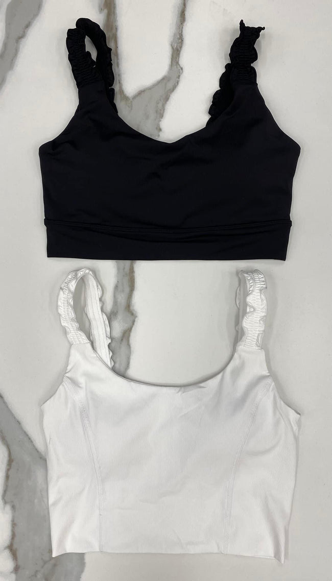 WHITE RIBBED RUFFLE STRAP TOP