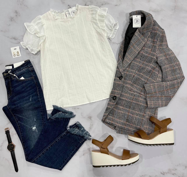 OFF WHITE TIERED RUFFLE SLEEVE BLOUSE