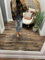 CAMEL AND NAVY PLAID BUTTON DOWN JACKET