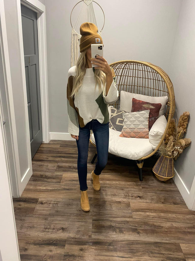OLIVE AND CAMEL COLORBLOCK SWEATER TOP