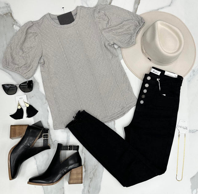 ISABELLA HEATHER GREY TEXTURE KNIT BLOUSE