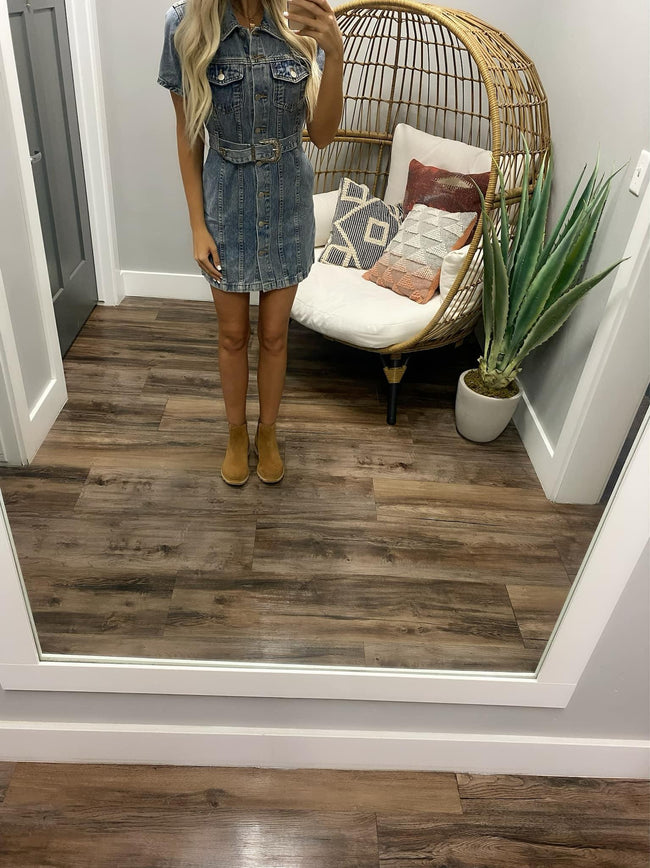 BELTED ACID WASH DENIM DRESS