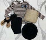 BLACK STRIPE RUFFLE SLEEVE TOP