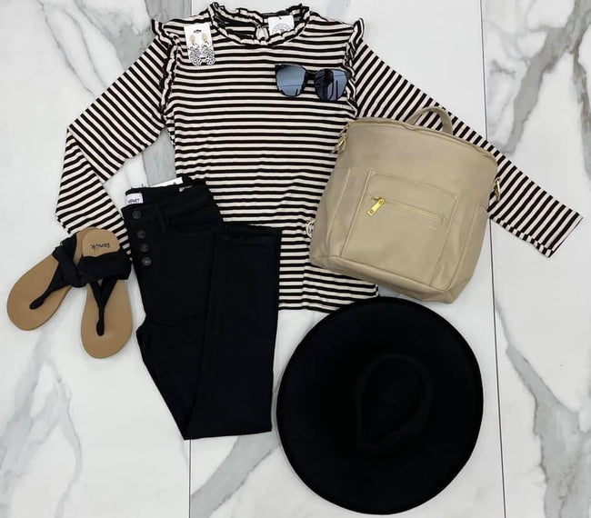 BLACK STRIPE RUFFLE SLEEVE TOP